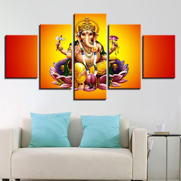 India God Ganesha 5 Piece HD Multi Panel Canvas Wall Art Frame - Original Frame