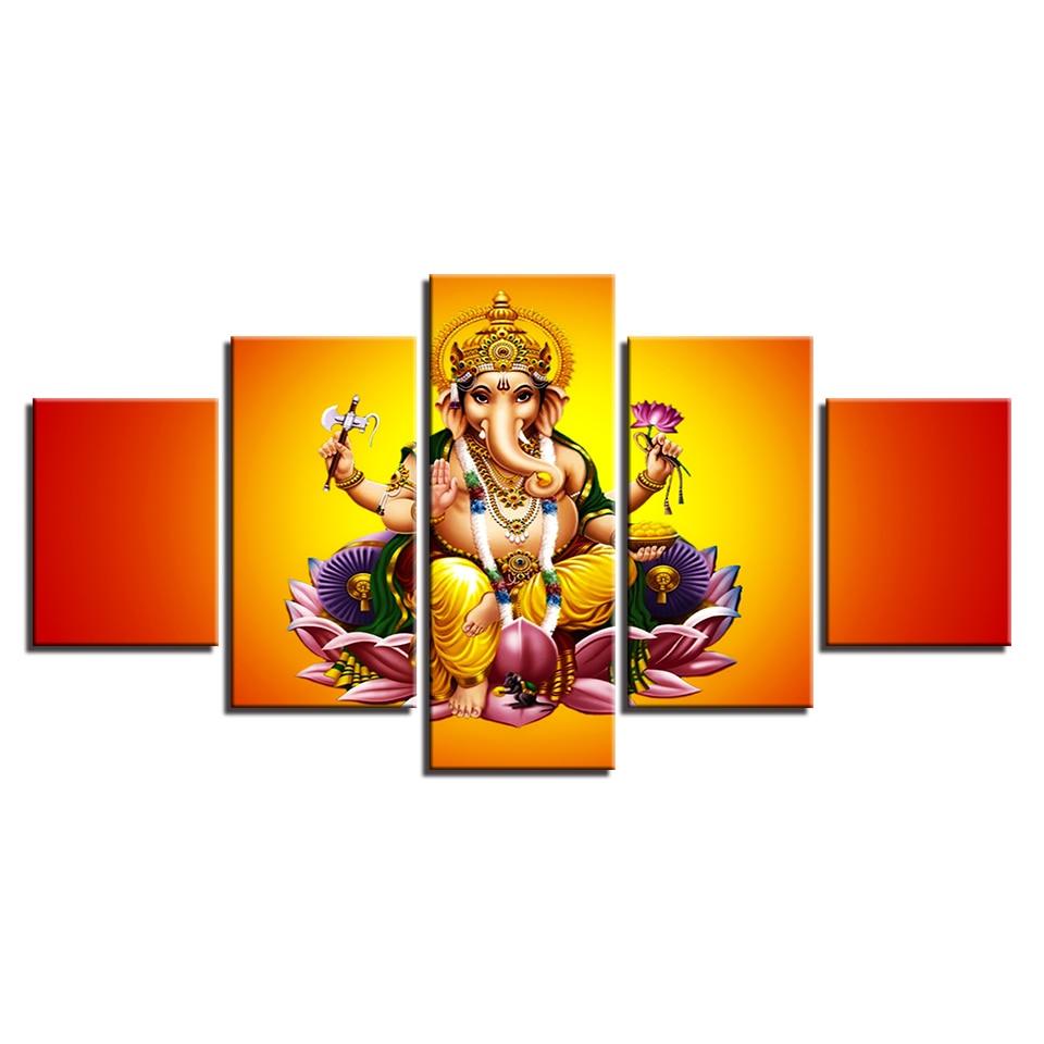 India God Ganesha 5 Piece HD Multi Panel Canvas Wall Art Frame - Original Frame