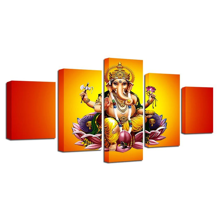 India God Ganesha 5 Piece HD Multi Panel Canvas Wall Art Frame - Original Frame