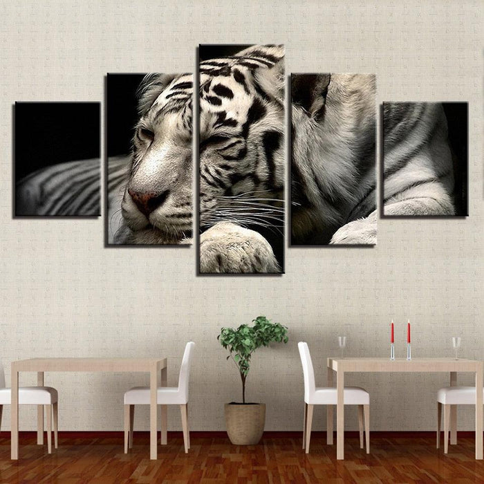 White Tiger 5 Piece HD Multi Panel Canvas Wall Art Frame - Original Frame