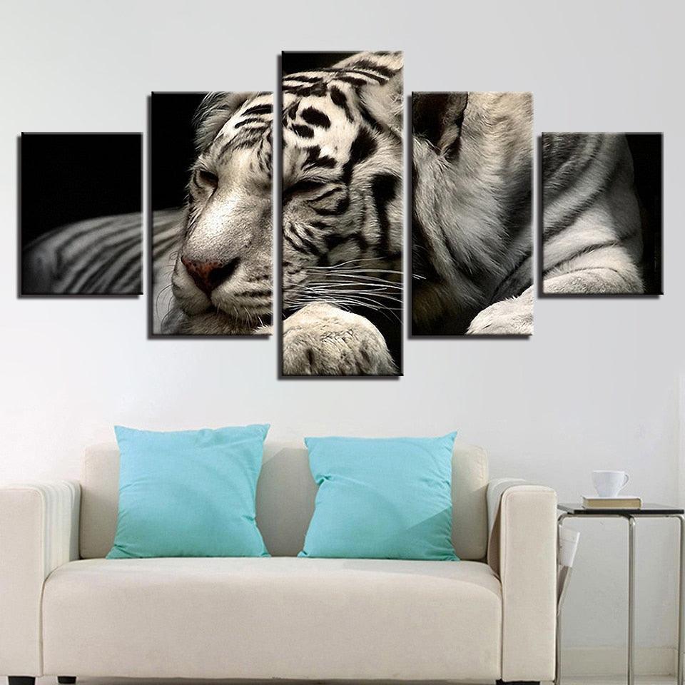 White Tiger 5 Piece HD Multi Panel Canvas Wall Art Frame - Original Frame