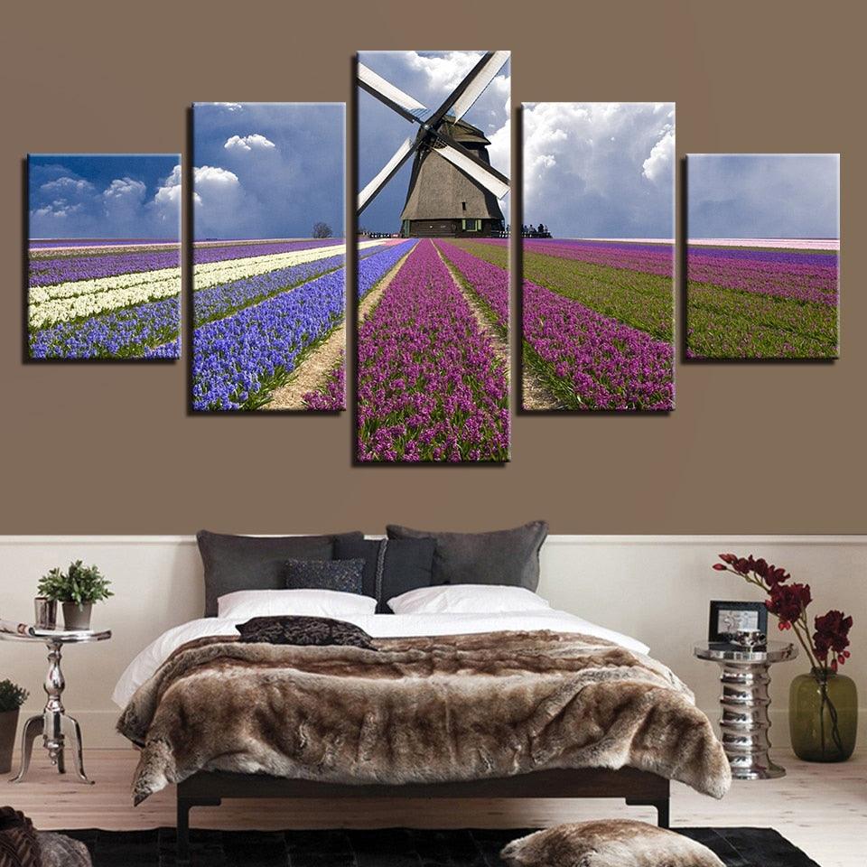 Lavender Flower Field 5 Piece Multi Panel Canvas Wall Art Frame - Original Frame