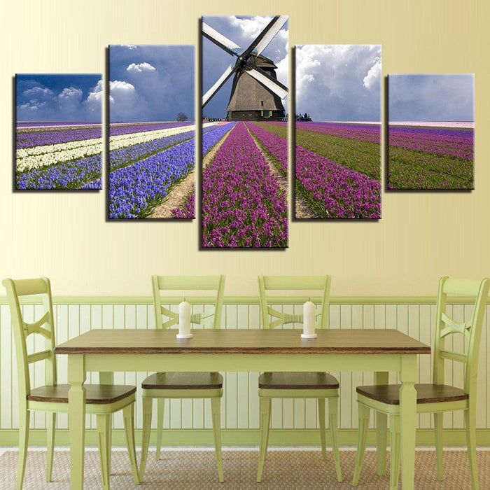 Lavender Flower Field 5 Piece Multi Panel Canvas Wall Art Frame - Original Frame