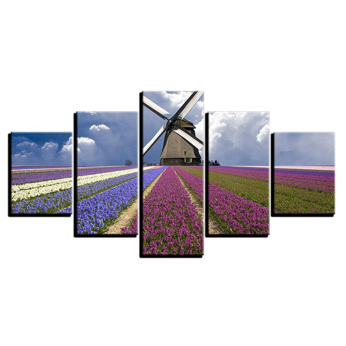 Lavender Flower Field 5 Piece Multi Panel Canvas Wall Art Frame - Original Frame