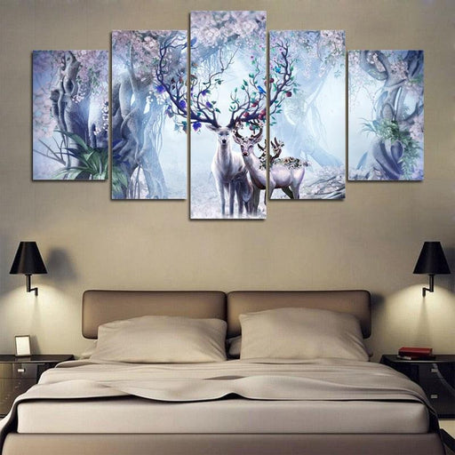 Beautiful Flower Deer 5 Piece HD Multi Panel Canvas Wall Art Frame - Original Frame