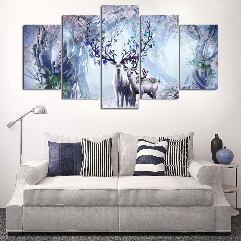 Beautiful Flower Deer 5 Piece HD Multi Panel Canvas Wall Art Frame - Original Frame