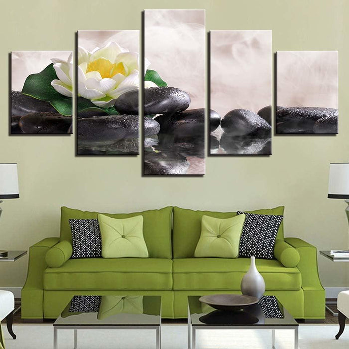 White Lily Flower Lotus 5 Piece HD Multi Panel Canvas Wall Art Frame - Original Frame