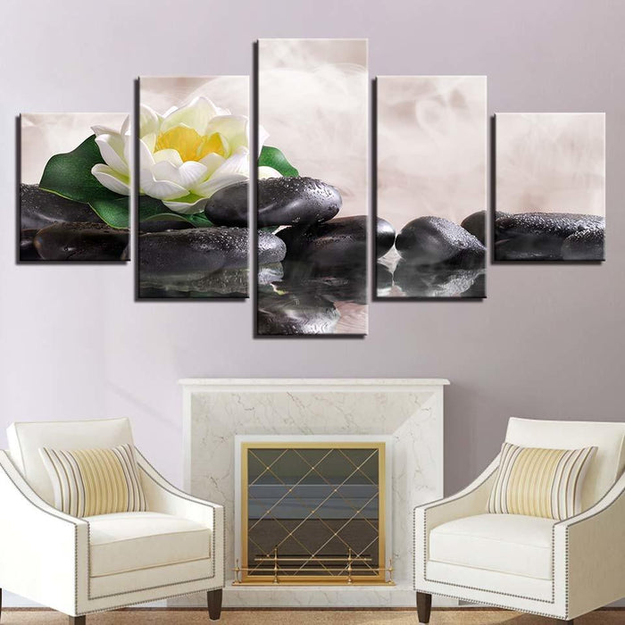 White Lily Flower Lotus 5 Piece HD Multi Panel Canvas Wall Art Frame - Original Frame