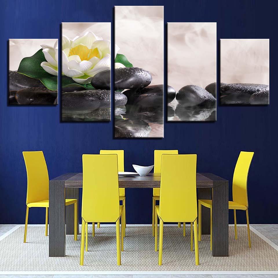 White Lily Flower Lotus 5 Piece HD Multi Panel Canvas Wall Art Frame - Original Frame
