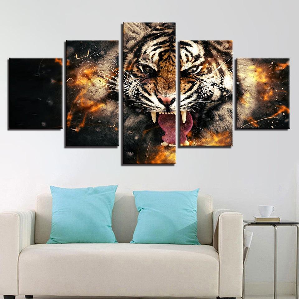 Roaring Tiger 5 Piece HD Multi Panel Canvas Wall Art Frame - Original Frame