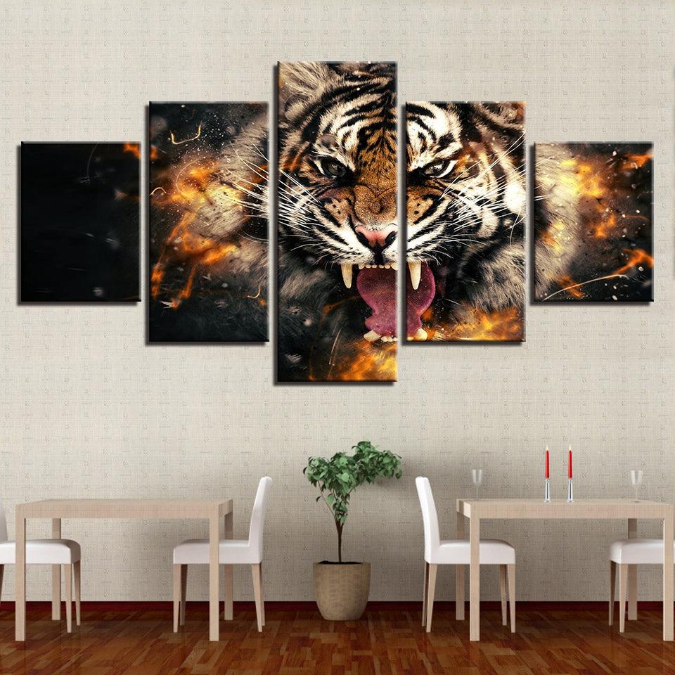 Roaring Tiger 5 Piece HD Multi Panel Canvas Wall Art Frame - Original Frame
