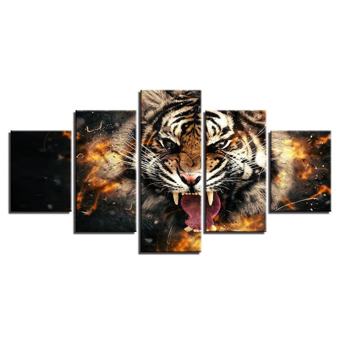 Roaring Tiger 5 Piece HD Multi Panel Canvas Wall Art Frame - Original Frame