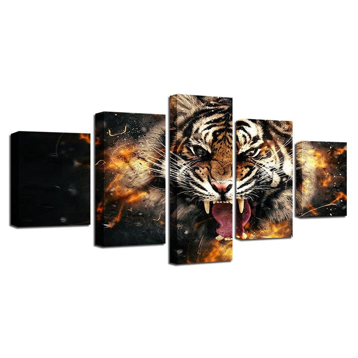 Roaring Tiger 5 Piece HD Multi Panel Canvas Wall Art Frame - Original Frame