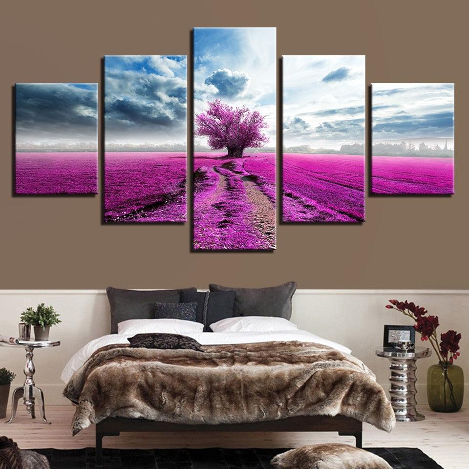 Purple Lavender Tree 5 Piece HD Multi Panel Canvas Wall Art - Original Frame
