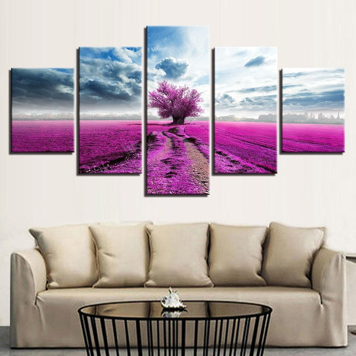 Purple Lavender Tree 5 Piece HD Multi Panel Canvas Wall Art - Original Frame