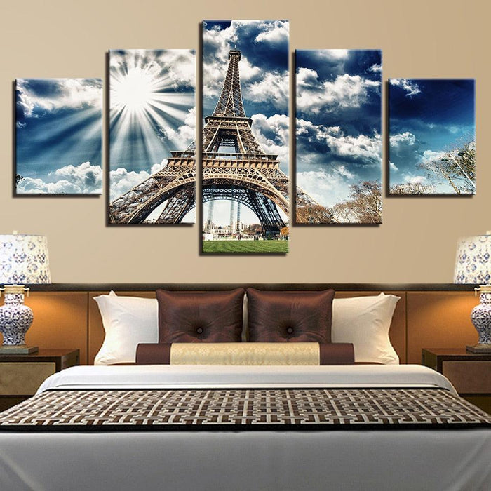 Sunlit Eiffel Tower 5 Piece HD Multi Panel Canvas Wall Art Frame - Original Frame