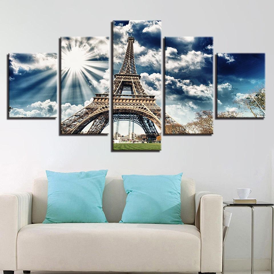 Sunlit Eiffel Tower 5 Piece HD Multi Panel Canvas Wall Art Frame - Original Frame