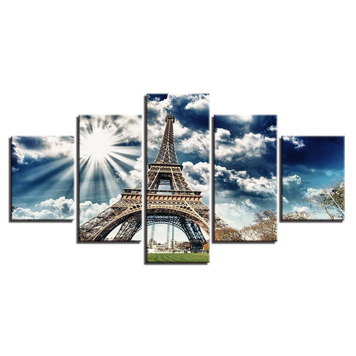 Sunlit Eiffel Tower 5 Piece HD Multi Panel Canvas Wall Art Frame - Original Frame