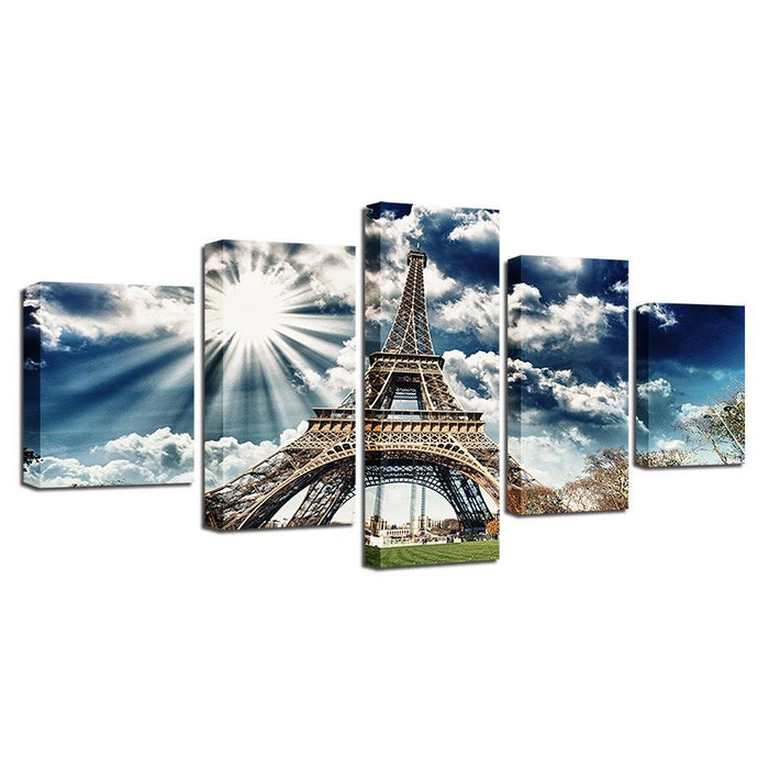 Sunlit Eiffel Tower 5 Piece HD Multi Panel Canvas Wall Art Frame - Original Frame