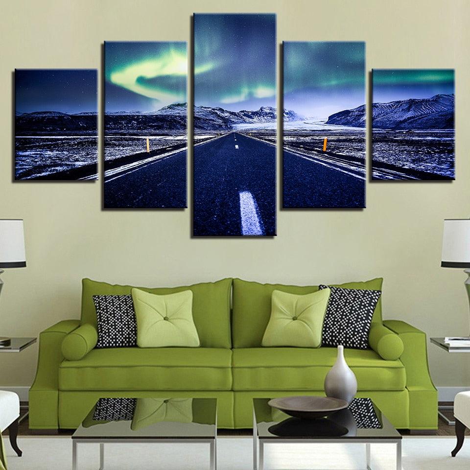 Aurora Mountain Highway 5 Piece HD Multi Panel Canvas Wall Art Frame - Original Frame