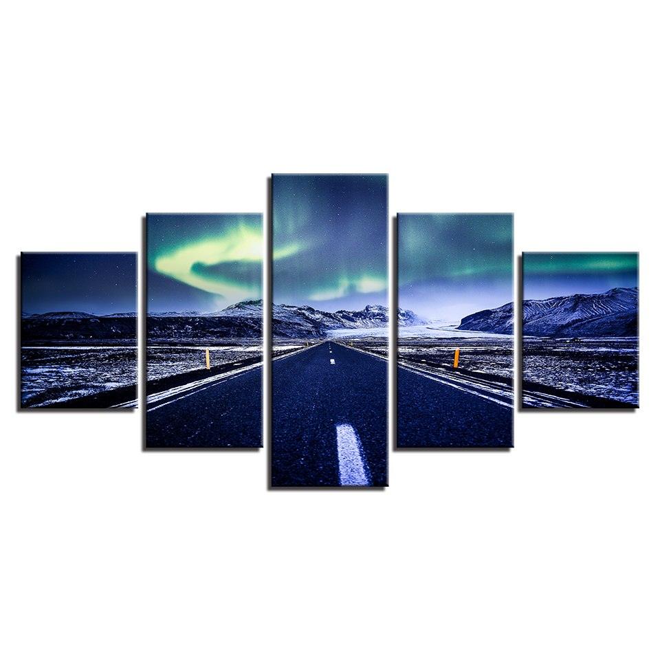 Aurora Mountain Highway 5 Piece HD Multi Panel Canvas Wall Art Frame - Original Frame