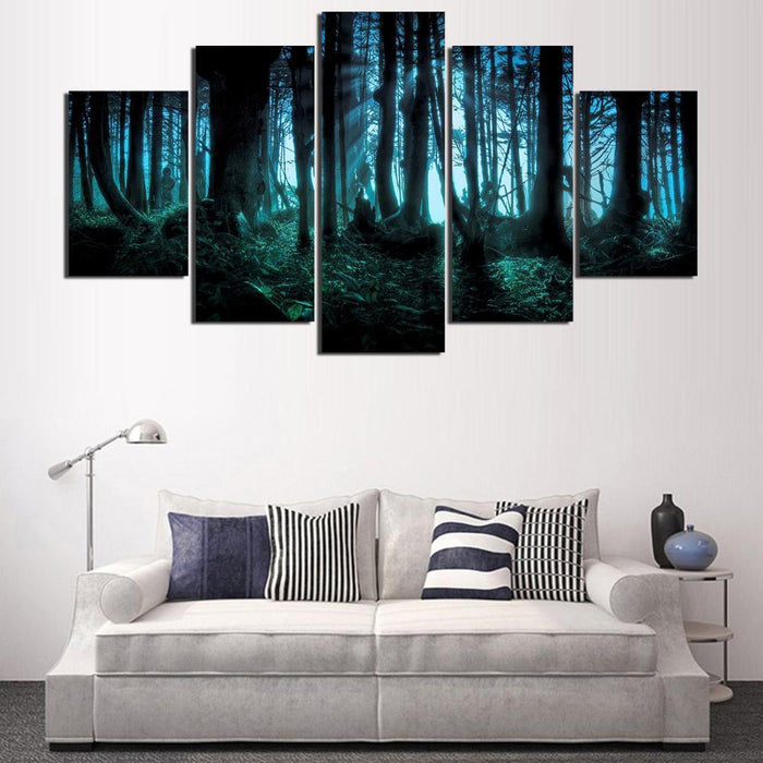 Blue Forest Night View 5 Piece HD Multi Panel Canvas Wall Art Frame - Original Frame