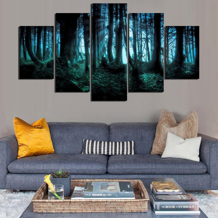 Blue Forest Night View 5 Piece HD Multi Panel Canvas Wall Art Frame - Original Frame