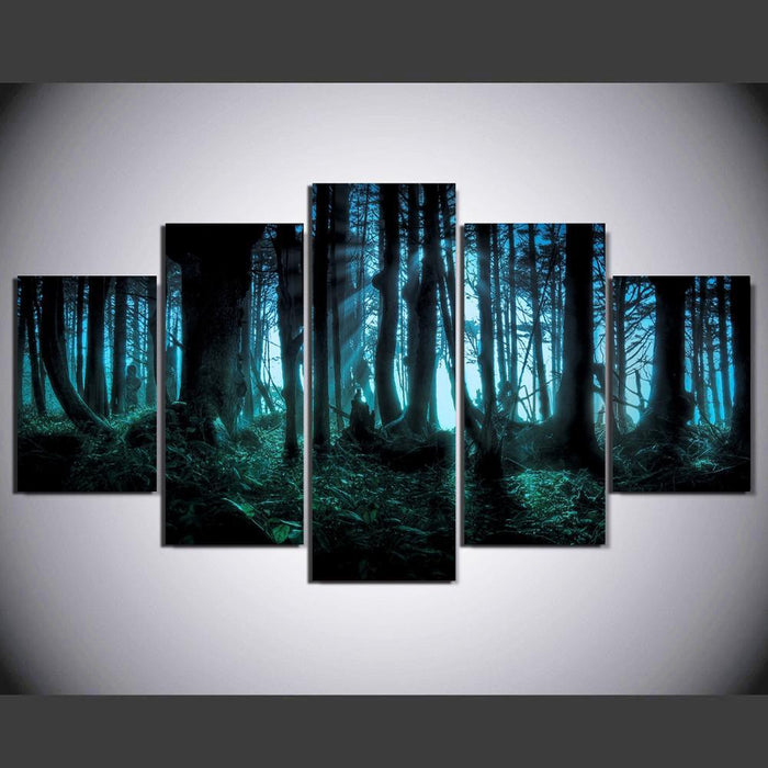 Blue Forest Night View 5 Piece HD Multi Panel Canvas Wall Art Frame - Original Frame