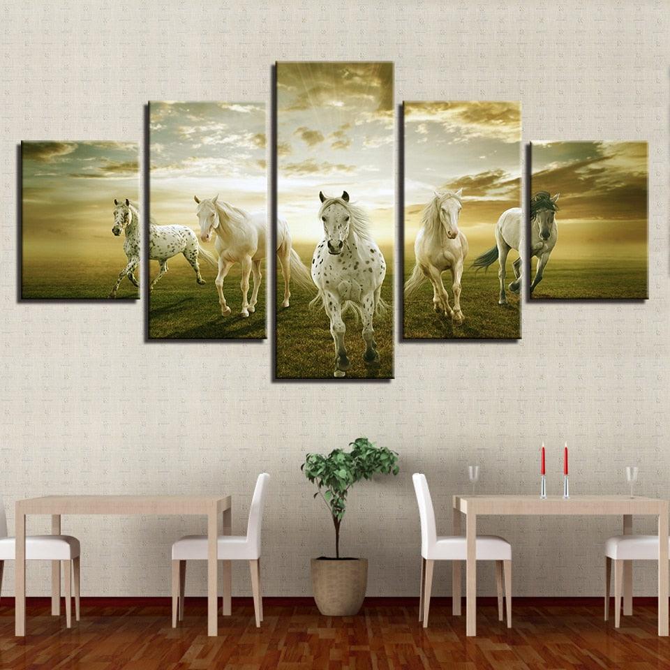 White Horses 5 Piece HD Multi Panel Canvas Wall Art Frame - Original Frame