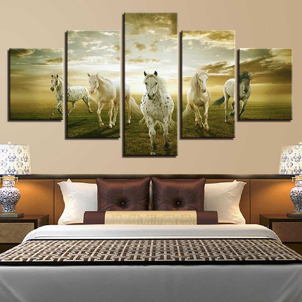 White Horses 5 Piece HD Multi Panel Canvas Wall Art Frame - Original Frame