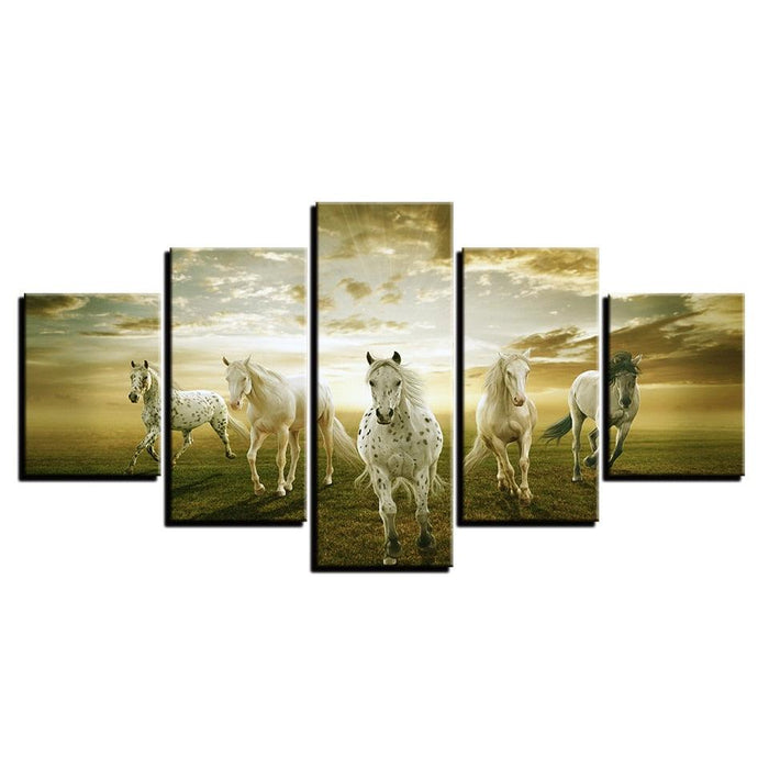 White Horses 5 Piece HD Multi Panel Canvas Wall Art Frame - Original Frame