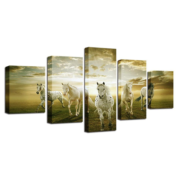 White Horses 5 Piece HD Multi Panel Canvas Wall Art Frame - Original Frame