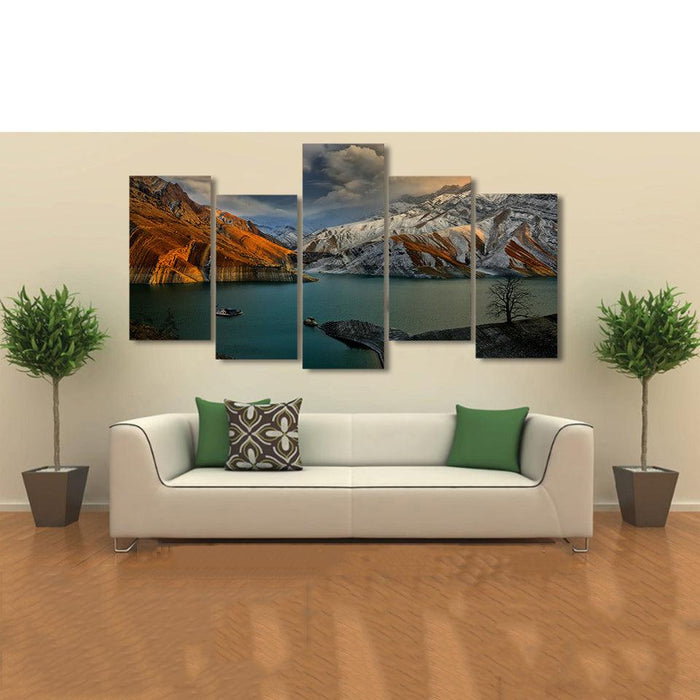 Cloudy Mountain Scene 5 Piece HD Multi Panel Canvas Wall Art Frame