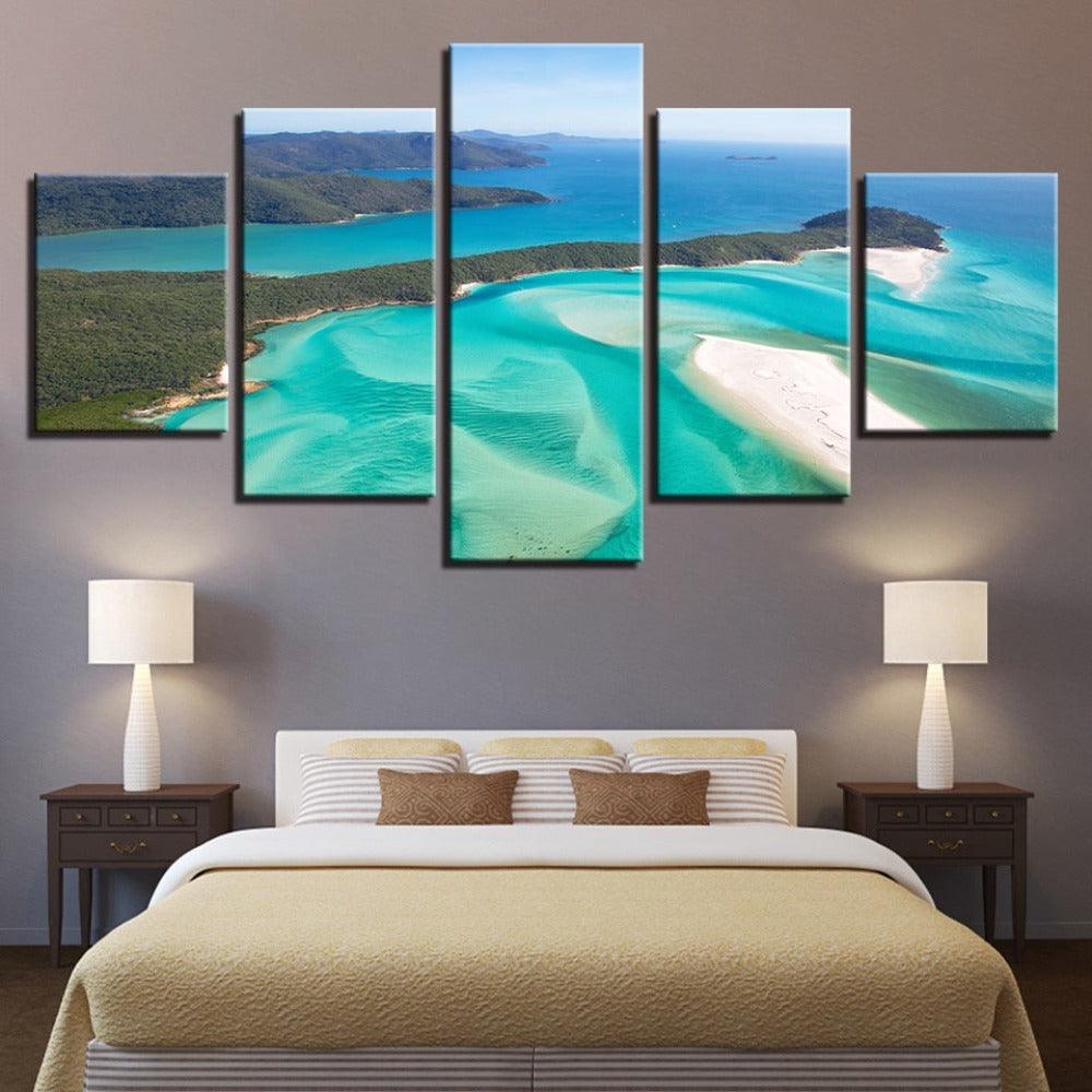 Sea Waves Beach Island 5 Piece HD Multi Panel Canvas Wall Art Frame - Original Frame