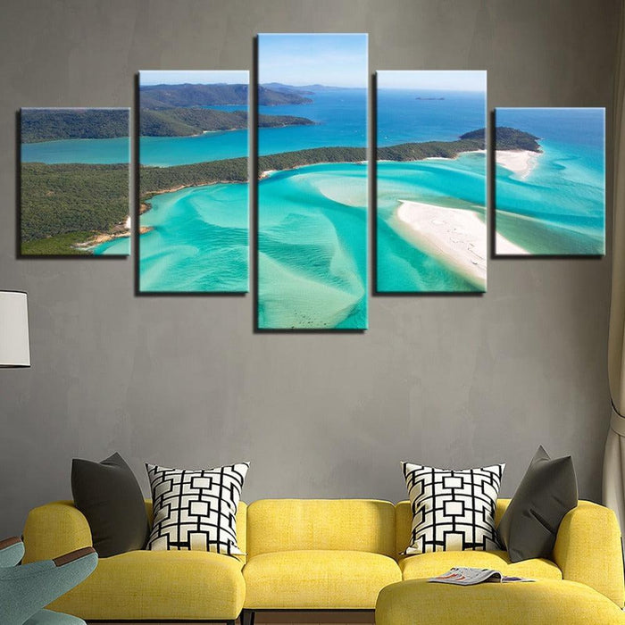 Sea Waves Beach Island 5 Piece HD Multi Panel Canvas Wall Art Frame - Original Frame