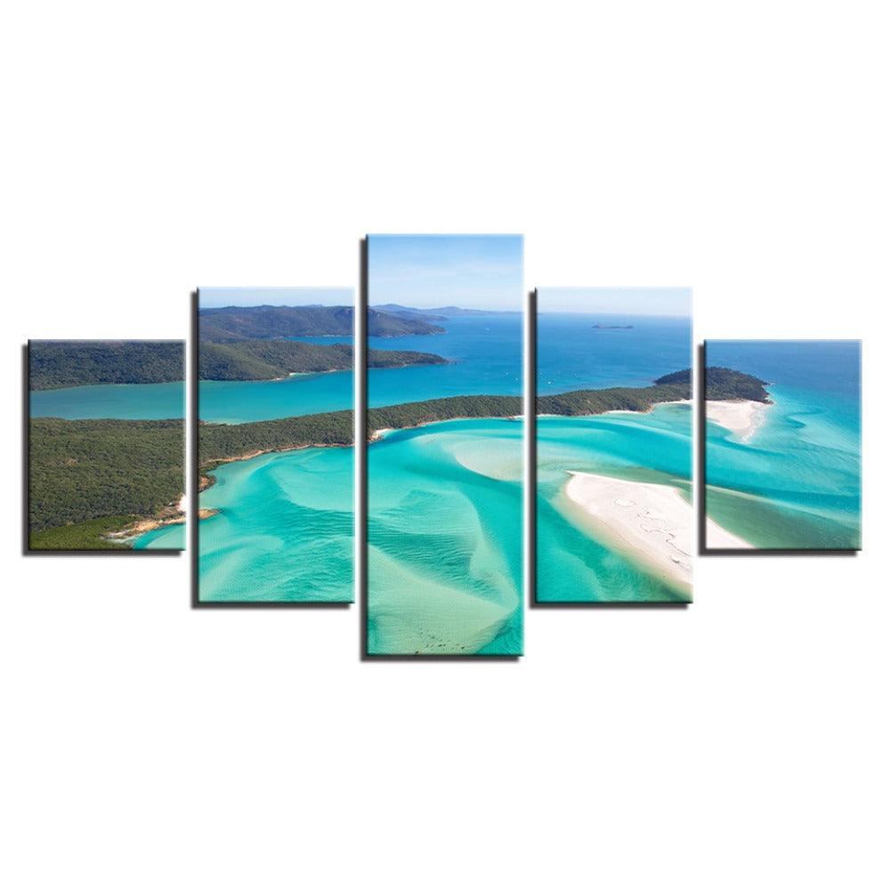 Sea Waves Beach Island 5 Piece HD Multi Panel Canvas Wall Art Frame - Original Frame