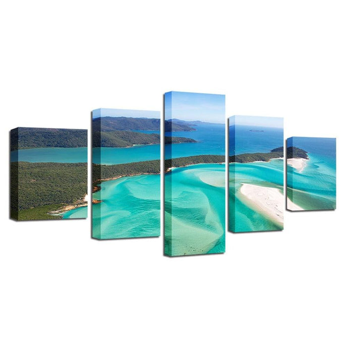 Sea Waves Beach Island 5 Piece HD Multi Panel Canvas Wall Art Frame - Original Frame