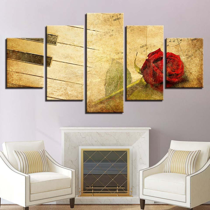 Red Rose & Piano 5 Piece HD Multi Panel Canvas Wall Art Frame