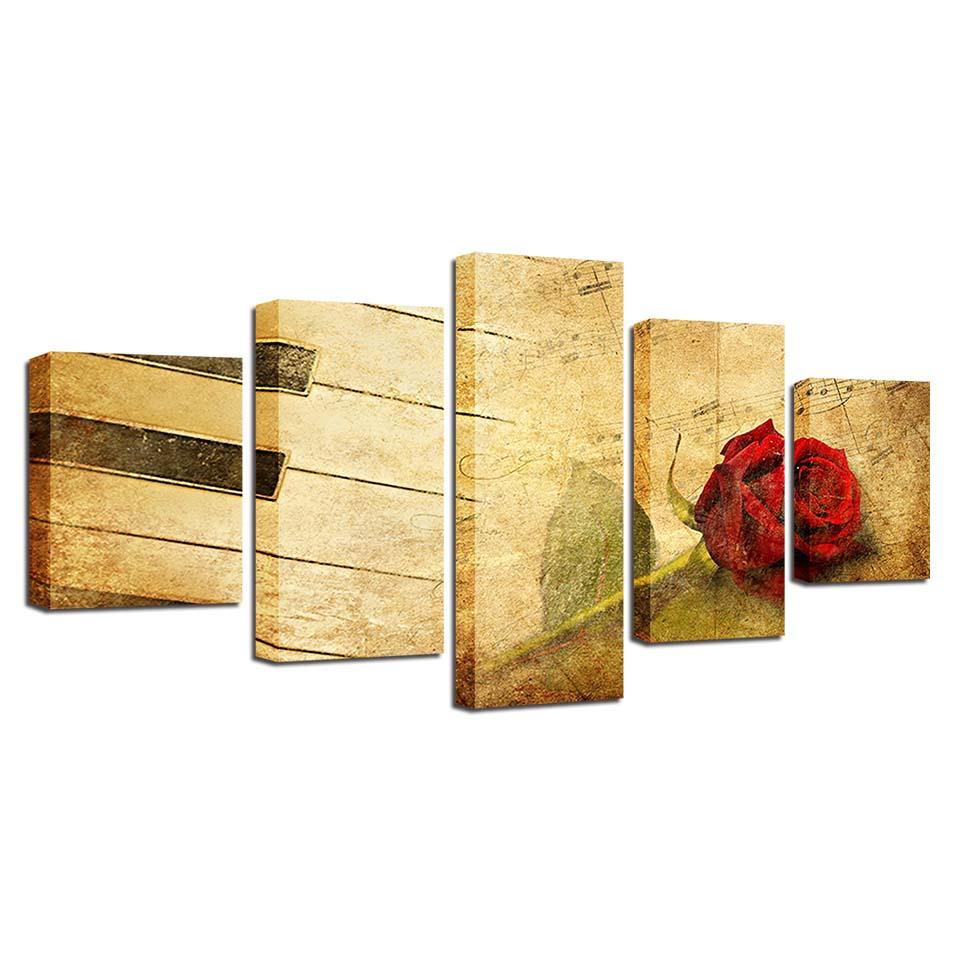 Red Rose & Piano 5 Piece HD Multi Panel Canvas Wall Art Frame - Original Frame