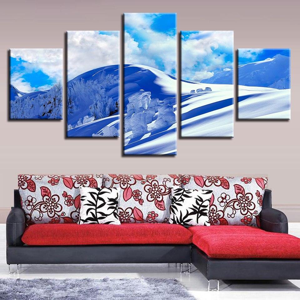 Blue Sky And Snow Mountain 5 Piece HD Multi Panel Canvas Wall Art Frame - Original Frame