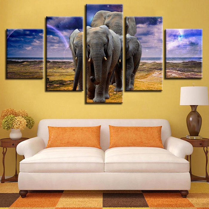 Elephant Family 5 Piece HD Multi Panel Canvas Wall Art Frame - Original Frame