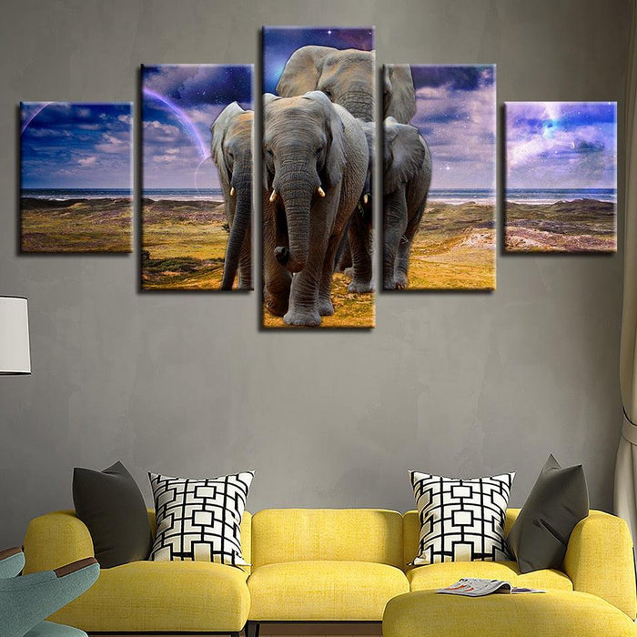 Elephant Family 5 Piece HD Multi Panel Canvas Wall Art Frame - Original Frame