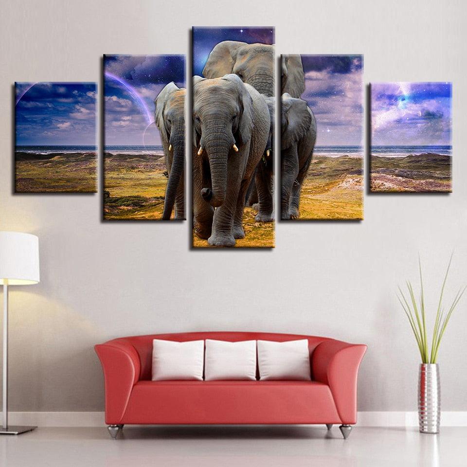 Elephant Family 5 Piece HD Multi Panel Canvas Wall Art Frame - Original Frame