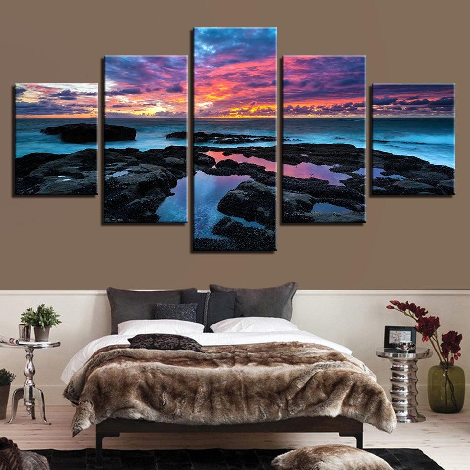 Rock Sea Glow 5 Piece HD Multi Panel Canvas Wall Art Frame - Original Frame