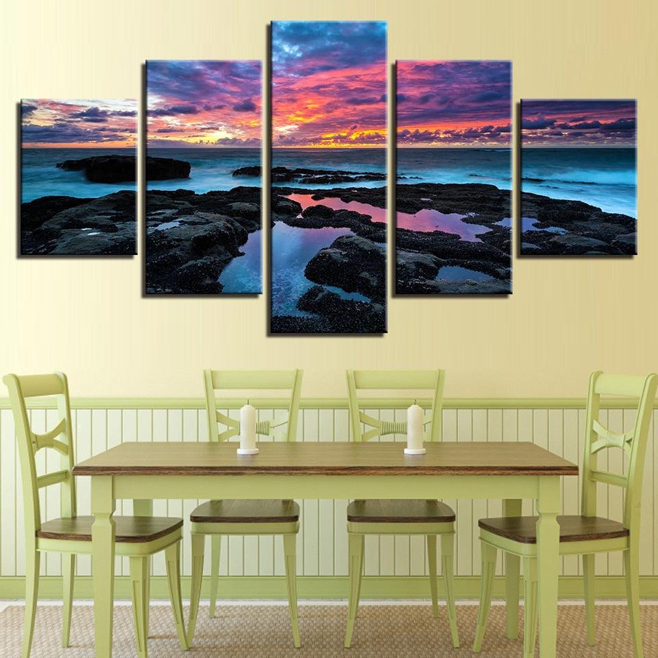 Rock Sea Glow 5 Piece HD Multi Panel Canvas Wall Art Frame - Original Frame