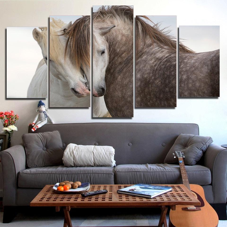 White And Black Horses Couple 5 Piece HD Multi Panel Canvas Wall Art Frame - Original Frame