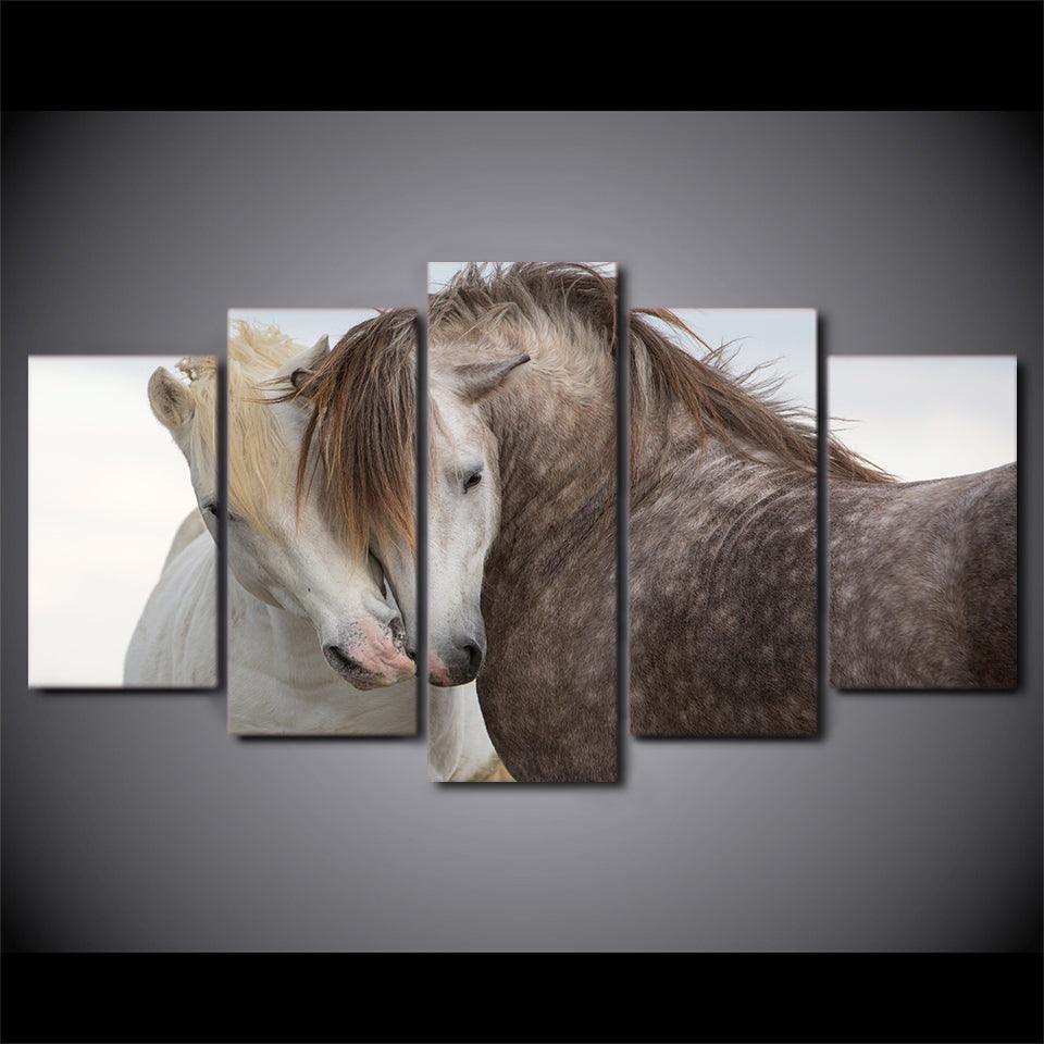 White And Black Horses Couple 5 Piece HD Multi Panel Canvas Wall Art Frame - Original Frame