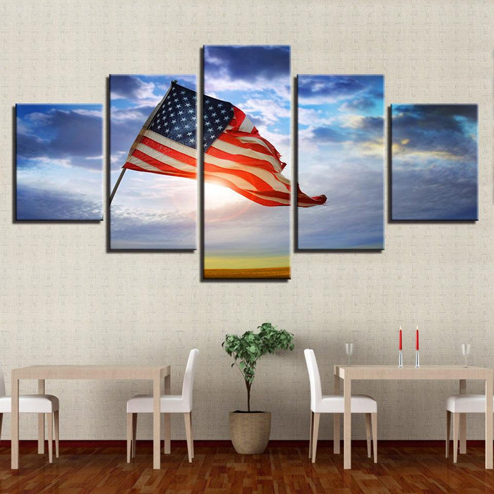 American Flag Flying Under The Blue Sky 5 Piece HD Multi Panel Canvas Wall Art Frame - Original Frame