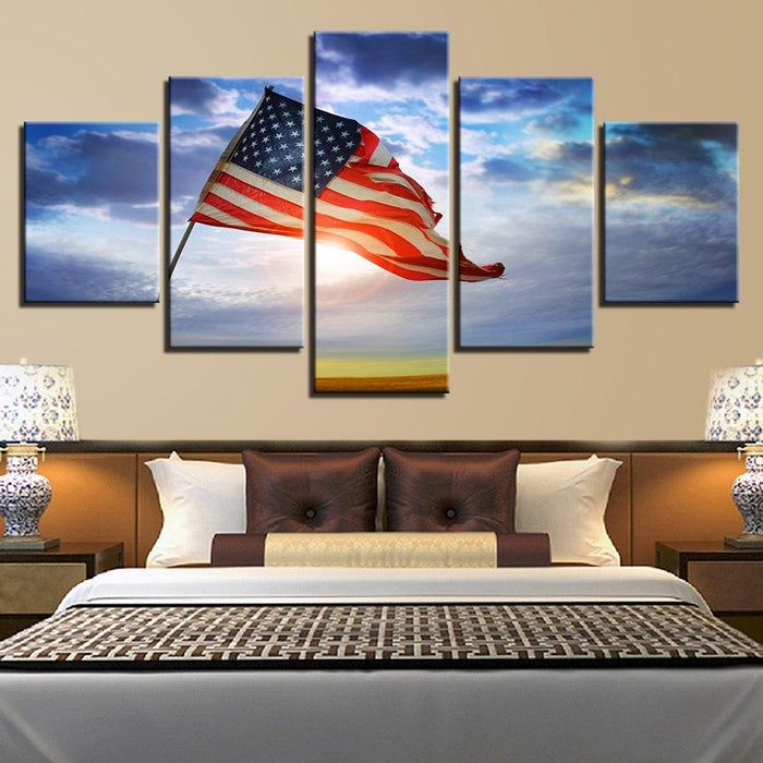 American Flag Flying Under The Blue Sky 5 Piece HD Multi Panel Canvas Wall Art Frame - Original Frame