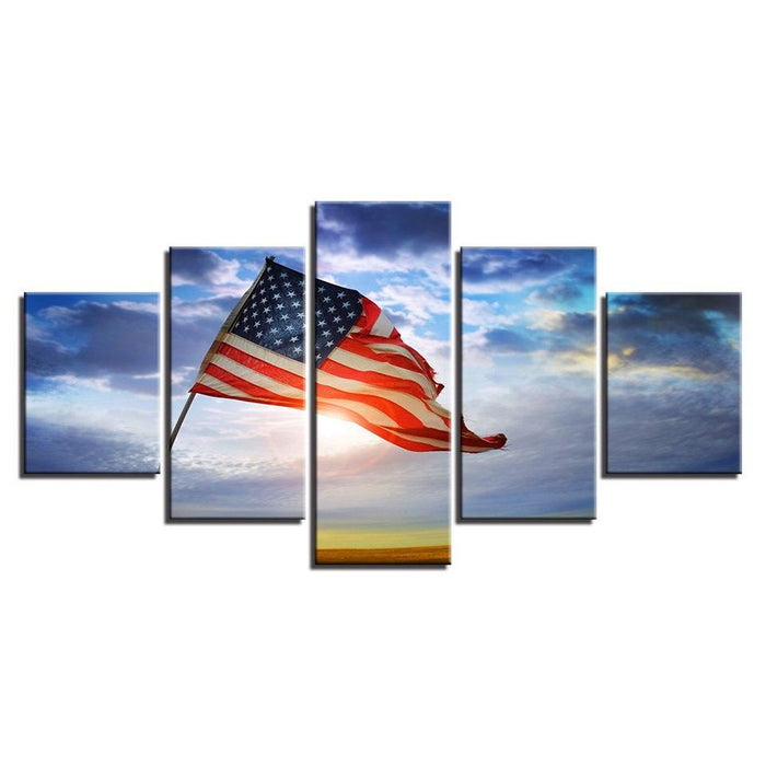 American Flag Flying Under The Blue Sky 5 Piece HD Multi Panel Canvas Wall Art Frame - Original Frame